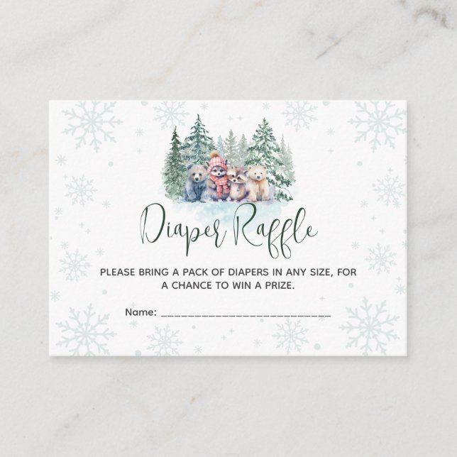 Winter Snow Woodland Animals Diaper Raffle Card (Front)