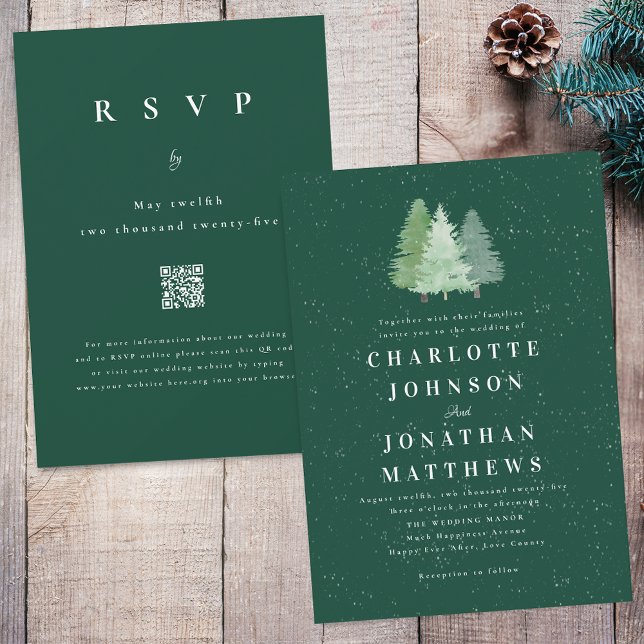 Winter Snow Woodland Watercolor Wedding QR Code Invitation (Modern winter Woodland green wedding qr code invitation watercolor evergreen pine fir  forest trees)