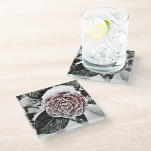 Winter, Snowed, Frozen Rose Drawing  Glass Coaster
