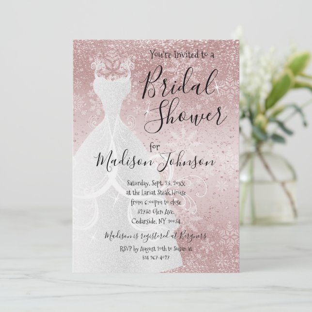  Winter Snowfall Bridal Shower  - Rose Gold Invitation (Standing Front)