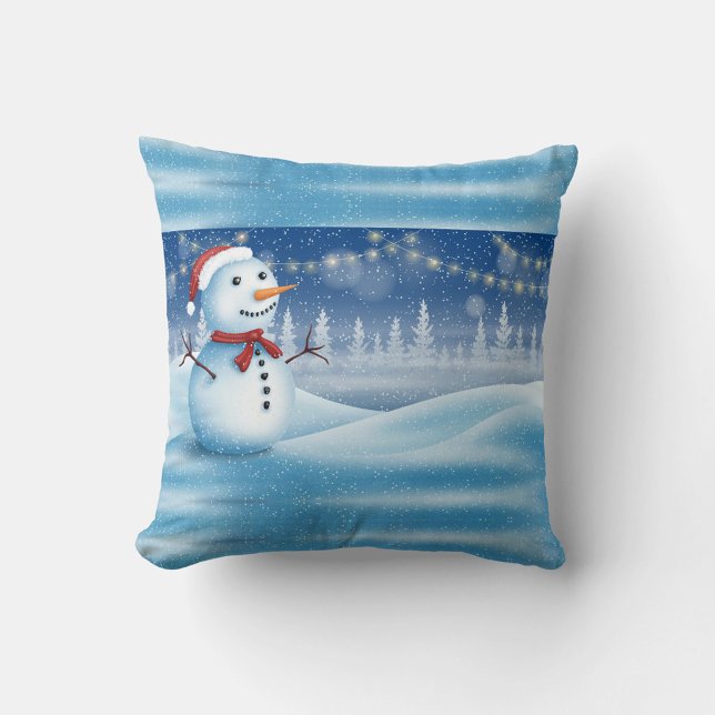 Winter Snowfall Throw Pillow (Illustration of a snowman in a snowy landscape. )