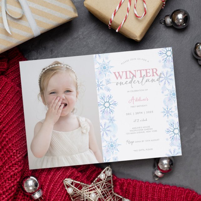 Winter Snowflake 1st Birthday Onederland Photo Invitation (1st birthday girl invitations winter theme first birthday winter onederland cute with photo digital)