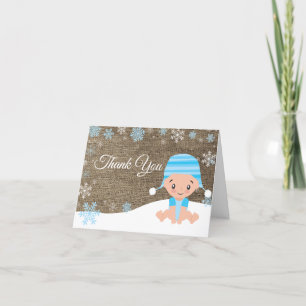 Winter Snowflake Baby Boy Blue Burlap Thank You Card