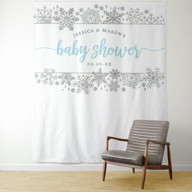 Winter Snowflake Baby Shower Backdrop Photo Booth Tapestry (In Situ)