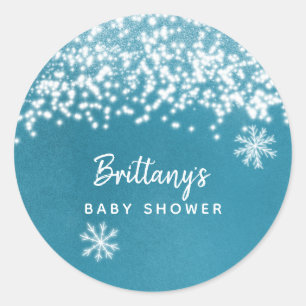 Winter Snowflake Baby Shower Blue Classic Round Sticker