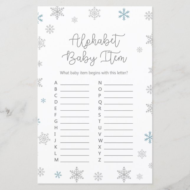 Winter Snowflake Baby Shower Game PRINTED (Front)