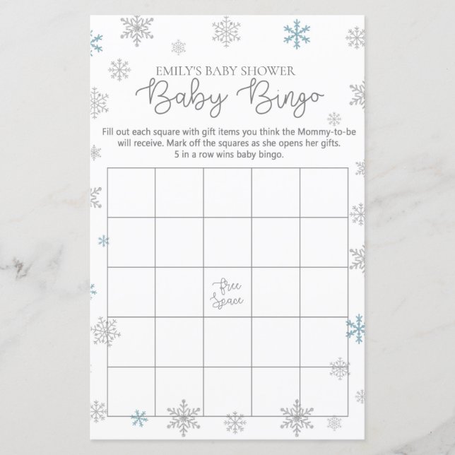 Winter Snowflake Baby Shower Game PRINTED (Front)