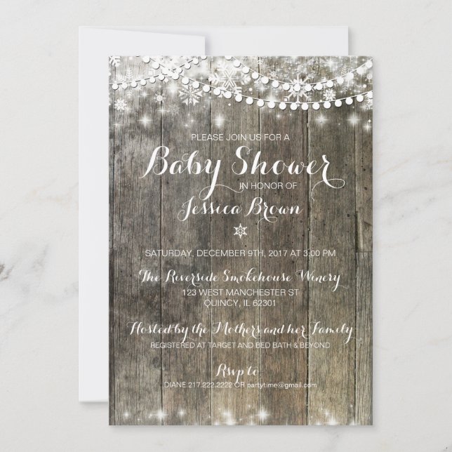 Winter Snowflake Baby Shower Invitation - Rustic (Front)