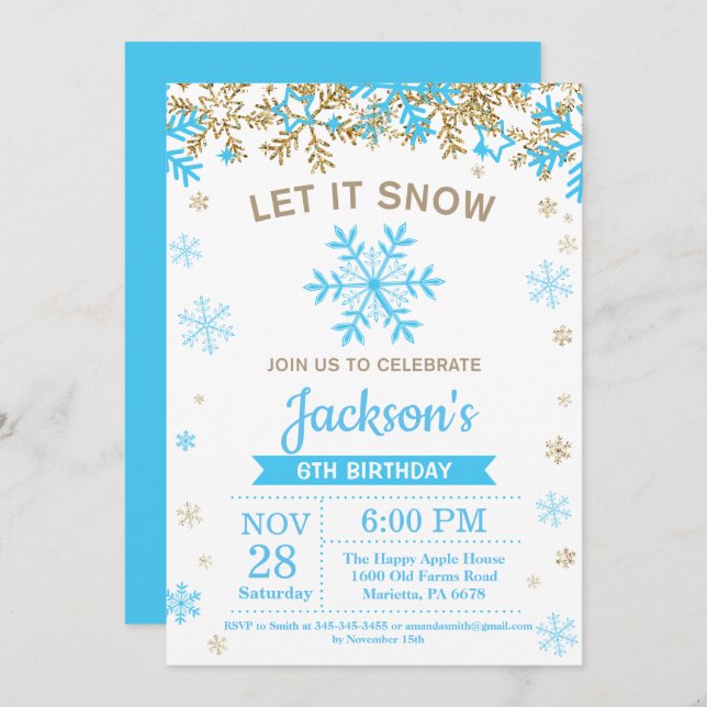 Winter Snowflake Blue and Gold Boy Birthday Invitation (Front/Back)