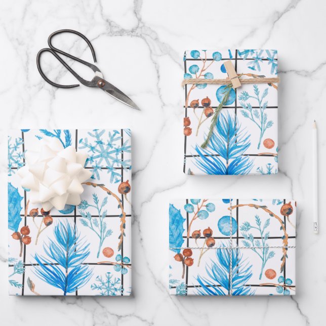 Winter snowflake blue berry feather ice country wrapping paper sheet (Front)