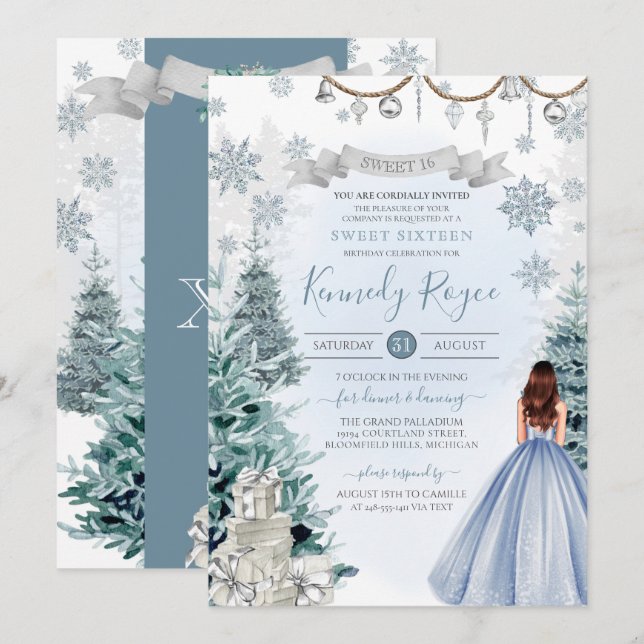 Winter Snowflake Blue Silver Holiday Sweet 16 Invi Invitation (Front/Back)