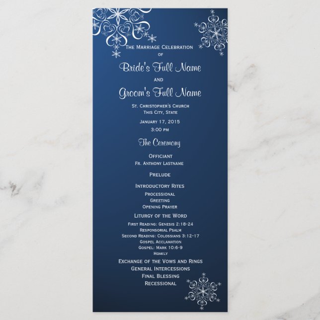 Winter Snowflake Blue Wedding Program Programme (Front)