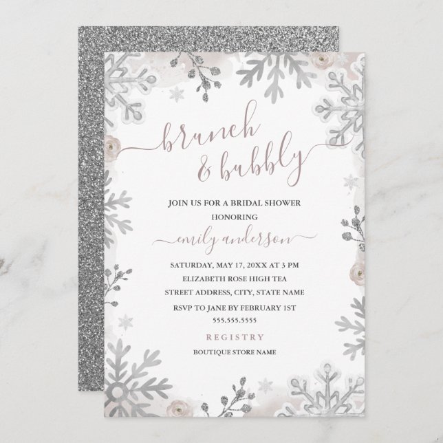 Winter Snowflake Blush Silver Brunch And Bubbly  Invitation (Front/Back)