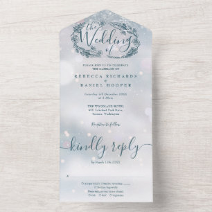 Winter Snowflake Bohemian Foliage Wedding All In One Invitation