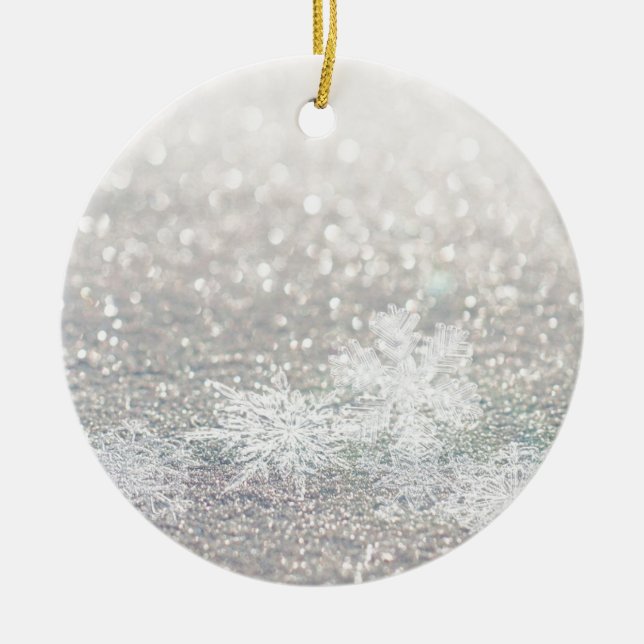 Winter Snowflake Bokeh Bling Ceramic Tree Decoration (Front)
