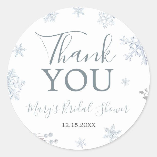 Winter Snowflake Bridal Shower Thank You Classic Round Sticker (Front)