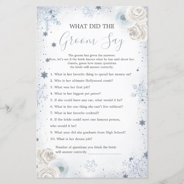Winter Snowflake Bridal Shower What Groom Say Game (Front)