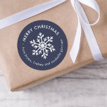 Winter Snowflake Christmas Gift Tag Round Stickers<br><div class="desc">Affordable custom printed Merry Christmas round gift tag stickers personalised with your text. This simple modern holiday design features a white snowflake on a navy blue background. Use the design tools to choose any background colour, edit text fonts and colours or upload your own photos to design your own unique...</div>
