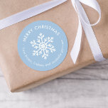 Winter Snowflake Christmas Gift Tag Round Stickers<br><div class="desc">Affordable custom printed Merry Christmas round gift tag stickers personalised with your text. This simple modern holiday design features a white snowflake on a light blue background. Use the design tools to choose any background colour, edit text fonts and colours or upload your own photos to design your own unique...</div>