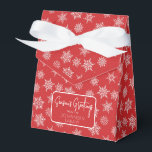 Winter Snowflake Christmas Red Holiday Greeting Favour Box<br><div class="desc">Christmas red favour box with ribbon bow and simple holiday greeting tag. Box is emblazoned with white and grey snowflakes of varying sizes. Perfect for party take-aways, host gifts, baked goods, and more. Design is available in a curated collection of modern holiday colours. Contact us for any customisations. Happy holidays!...</div>