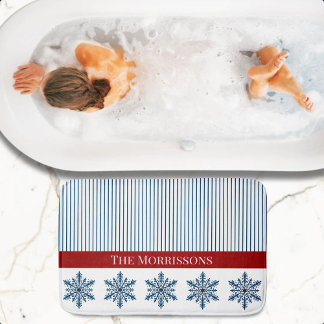 Winter Snowflake Decor with Stripes and Red Accent Bath Mat