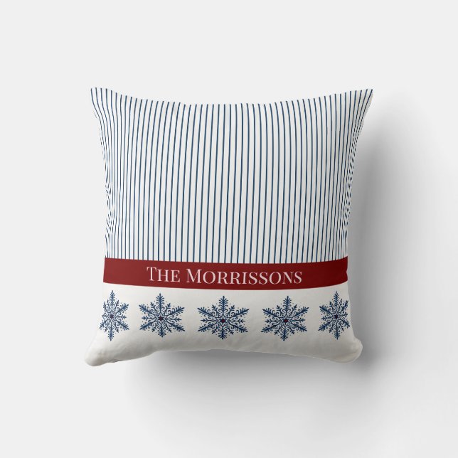 Winter Snowflake Decor with Stripes and Red Accent Cushion (Back)