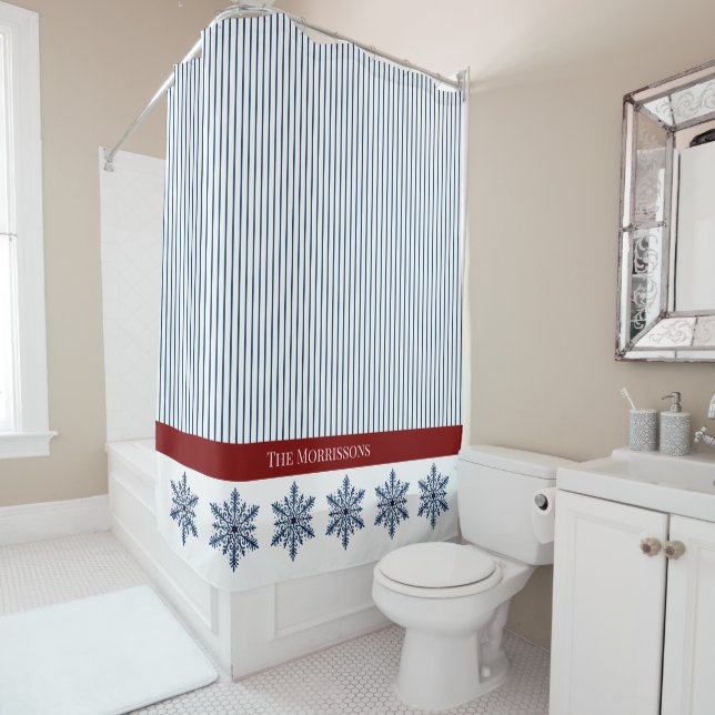 Winter Snowflake Decor with Stripes and Red Accent Shower Curtain (In Situ)