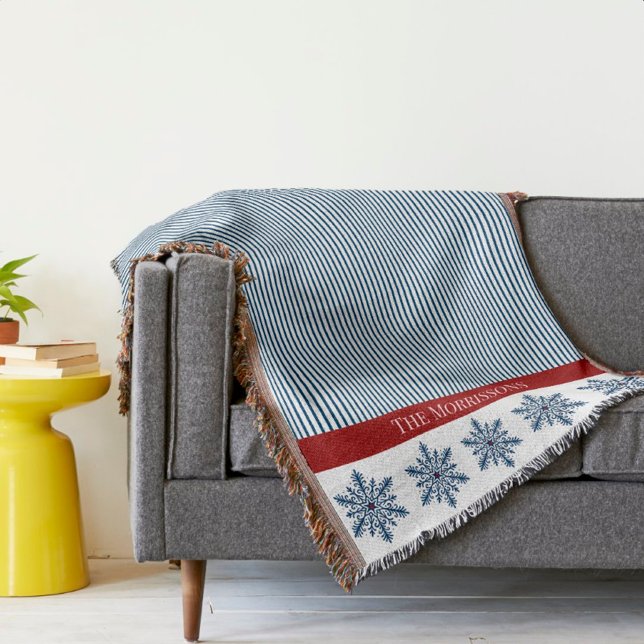 Winter Snowflake Decor with Stripes and Red Accent Throw Blanket (Creator Uploaded)