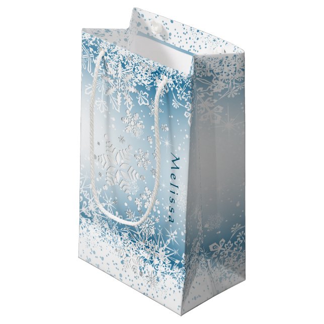 Winter Snowflake Design - Personalise Small Gift Bag (Front Angled)