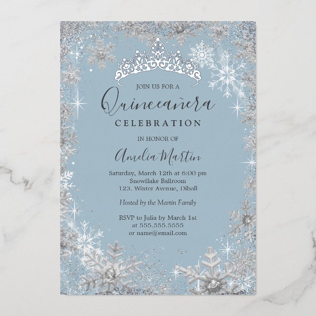 Winter Snowflake Dusty Blue Silver Quinceanera (Front)