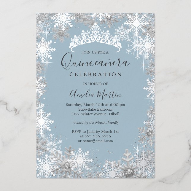 Winter Snowflake Dusty Blue Silver Quinceanera (Front)
