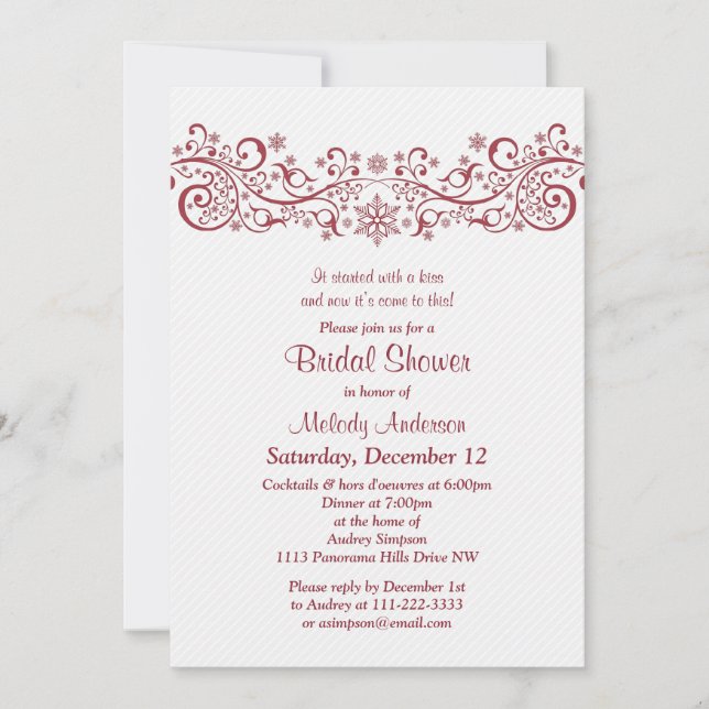 Winter Snowflake Floral Red White Bridal Shower Invitation (Front)