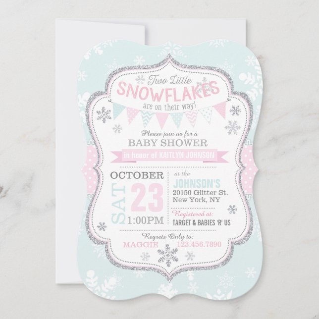 Winter Snowflake Glitter Twins Baby Shower Invitation (Front)