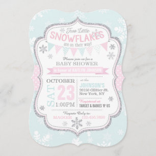 Winter Snowflake Glitter Twins Baby Shower Invitation