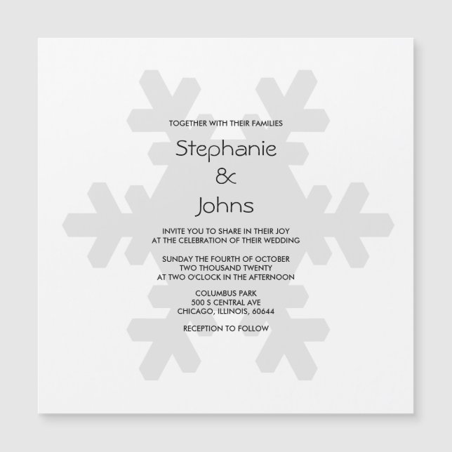 Winter Snowflake Grey White Grey Elegant Wedding Magnetic Invitation (Front)