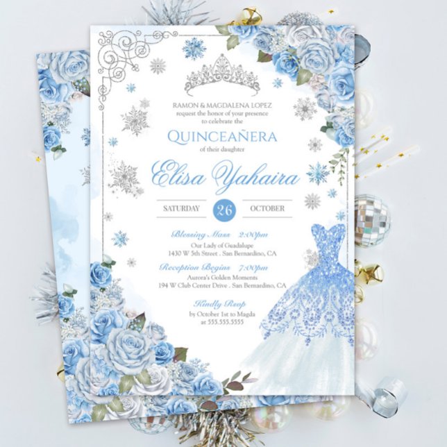 Winter Snowflake Ice Blue Silver Quinceañera  Invitation (Creator Uploaded)