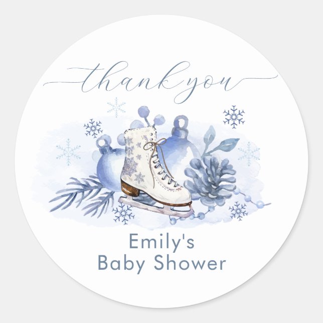 Winter Snowflake Ice Skate Baby Shower Classic Round Sticker (Front)