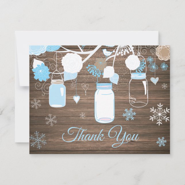 Winter Snowflake Mason Jar Blue Thank You Card (Front)