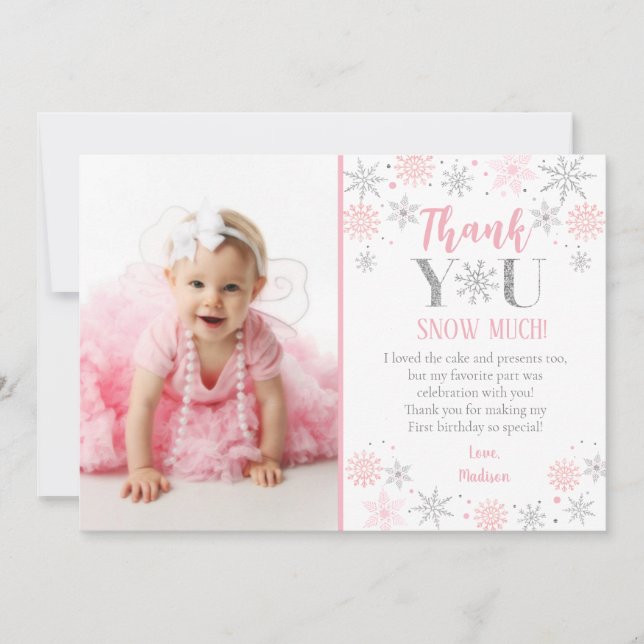 Winter Snowflake Photo 1st Birthday Thank You Card (Front)