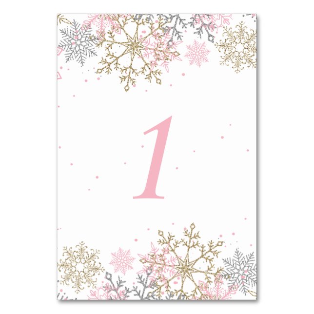 Winter Snowflake Pink and Gold Baby Shower Table N Table Number (Front)