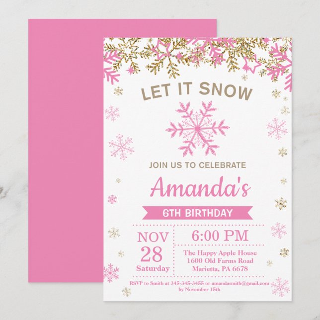 Winter Snowflake Pink and Gold Girl Birthday Invitation (Front/Back)