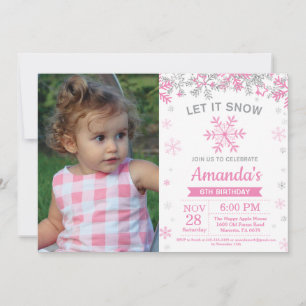 Winter Snowflake Pink and Silver Girl Birthday Invitation
