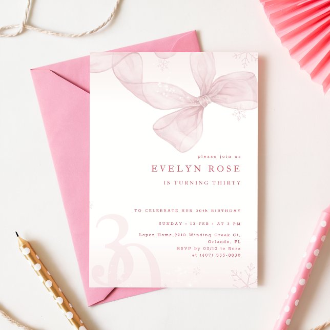 Winter Snowflake Pink Bow 30th Birthday Party Invitation (Creator Uploaded)