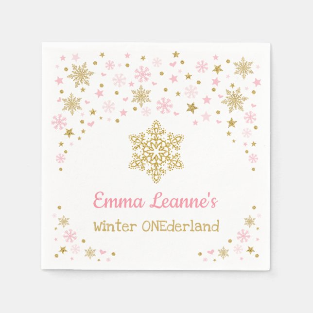 Winter Snowflake Pink Gold Birthday Baby Shower Napkin (Front)