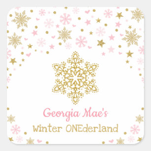Winter Snowflake Pink Gold Birthday Party Favours Square Sticker