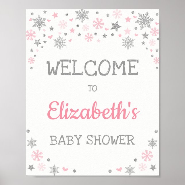 Winter Snowflake Pink Silver Baby Shower Welcome Poster (Front)