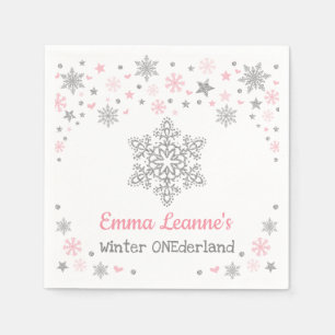 Winter Snowflake Pink Silver Birthday Baby Shower Napkin