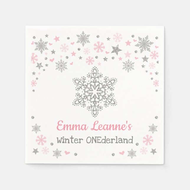 Winter Snowflake Pink Silver Birthday Baby Shower Napkin (Front)