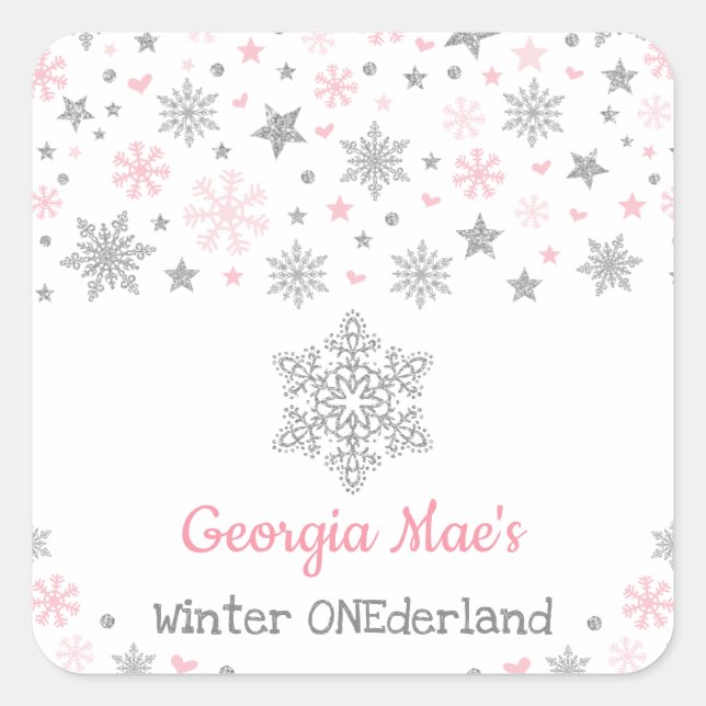 Winter Snowflake Pink Silver Birthday Party Square Sticker (Front)