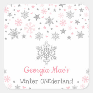 Winter Snowflake Pink Silver Birthday Party Square Sticker